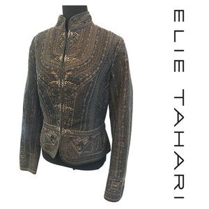Elie Tahari Gray Embroidered Denim Jacket Peplum Mandarin Collar EUC Size Large